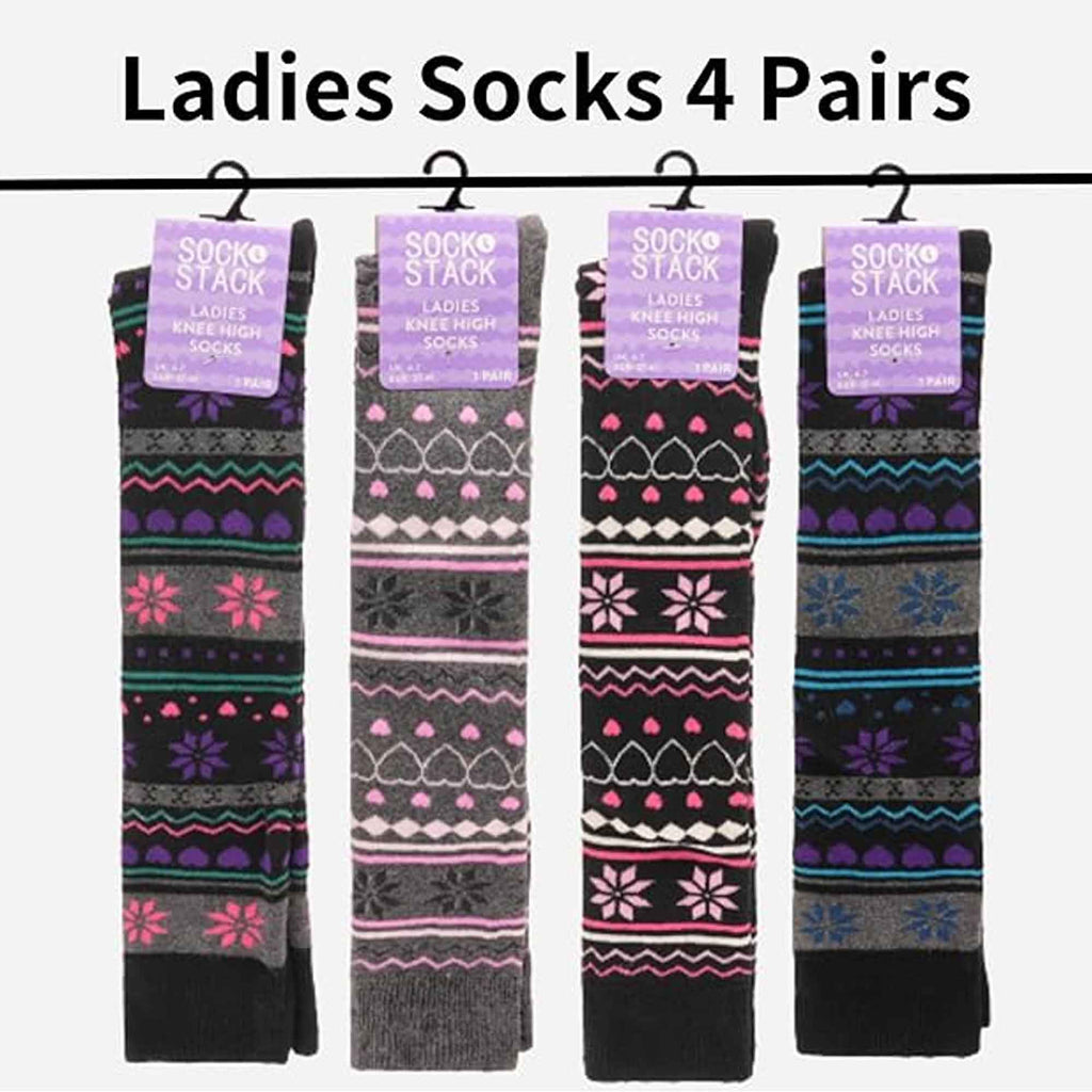 Sock Stack Ladies Ski Boot Socks Knee Length 4 Pairs Cotton Rich Full Cushioning Thermal