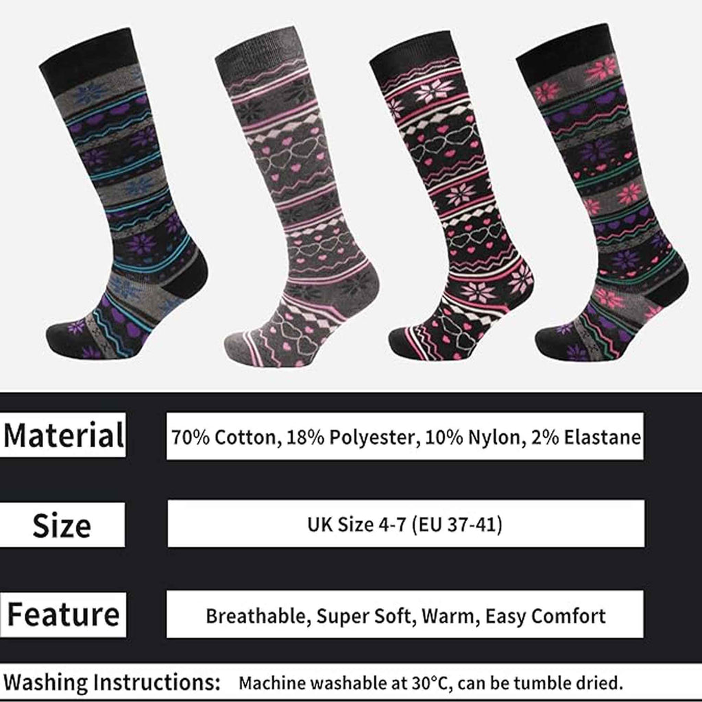 Sock Stack Ladies Ski Boot Socks Knee Length 4 Pairs Cotton Rich Full Cushioning Thermal