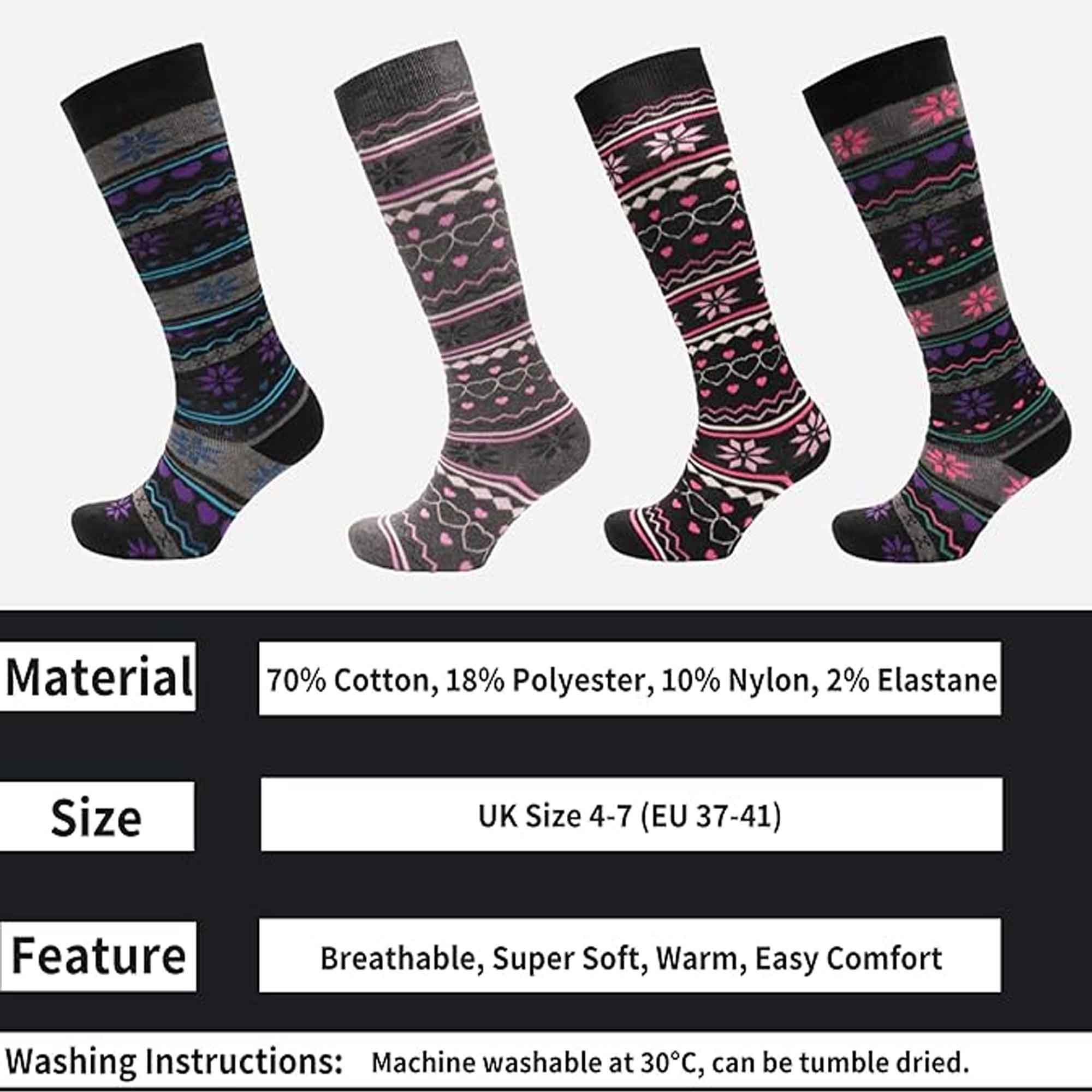 Sock Stack Ladies Ski Boot Socks Knee Length 4 Pairs Cotton Rich Full Cushioning Thermal