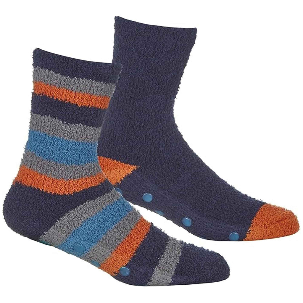 Sock Stack Men's Striped Fluffy Slipper Socks 4 Pack Warm Fleece Non-Skid Gripper Soles