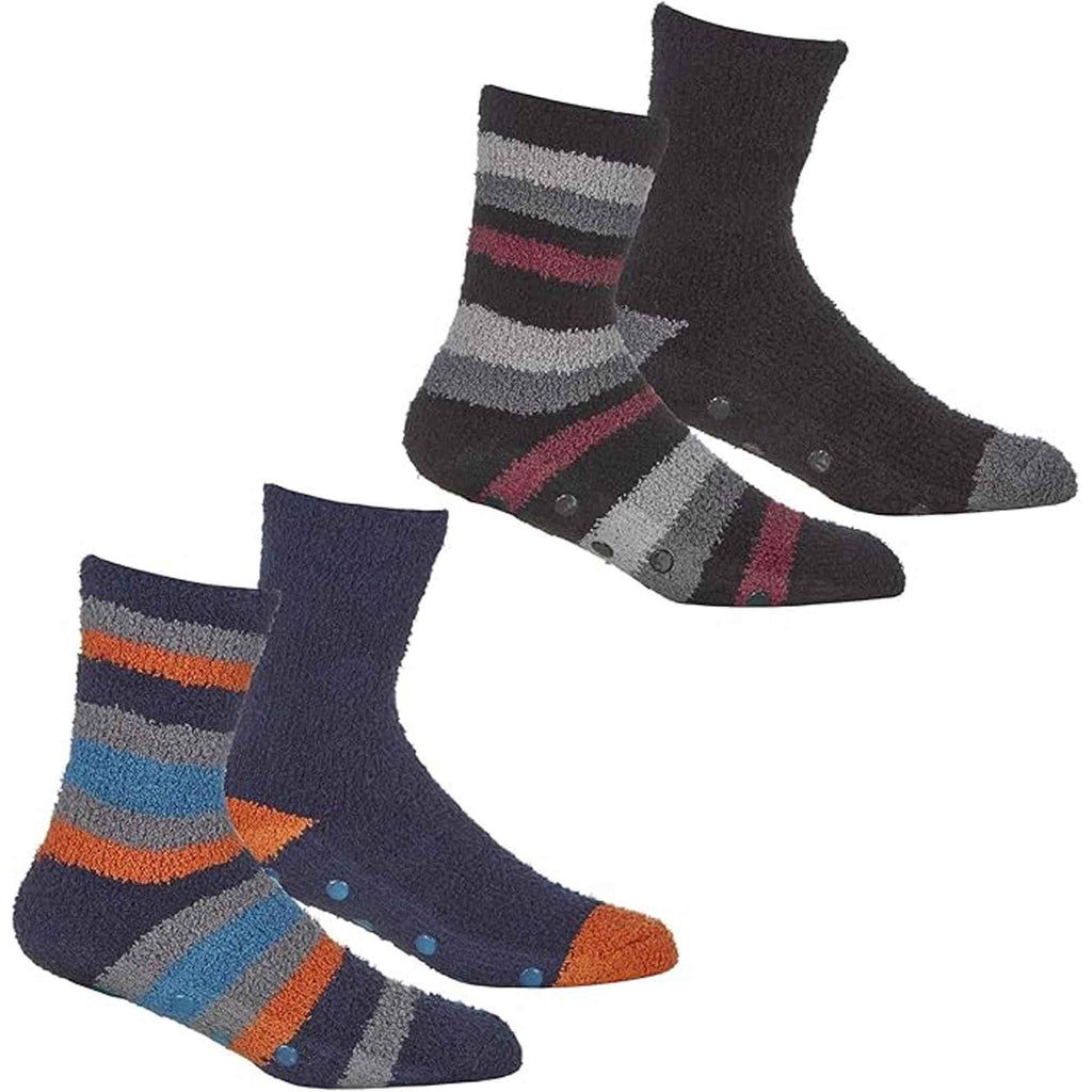 Sock Stack Men's Striped Fluffy Slipper Socks 4 Pack Warm Fleece Non-Skid Gripper Soles