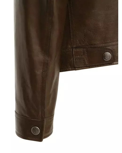 Men's Brown Shearling-Collar Leather Jacket