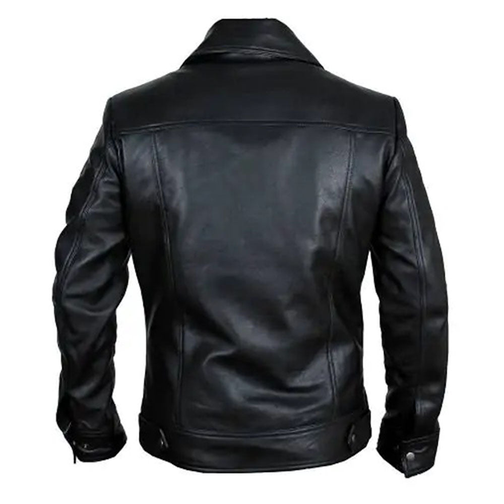 Men's Black Leather Classic-Collar Jacket