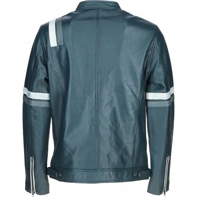 Men's Striped Leather Racer Jacket | Black & Blue