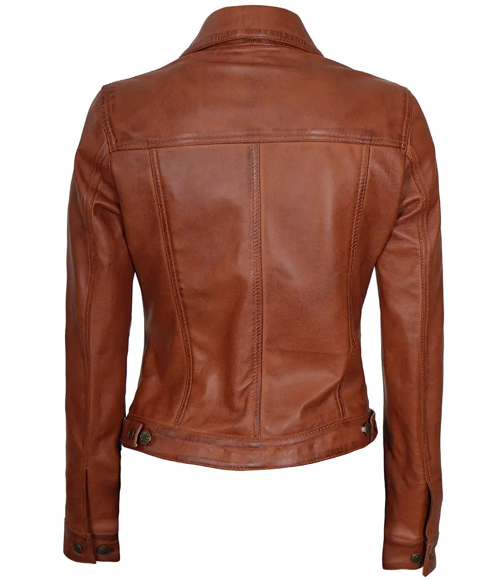 Women's Brown Leather Button-Front Trucker