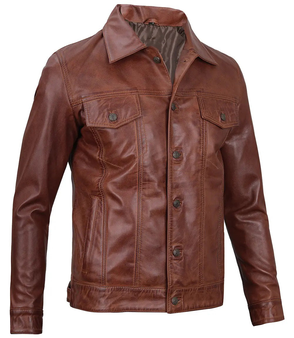 Men's Brown Leather Casual Zip Jacket