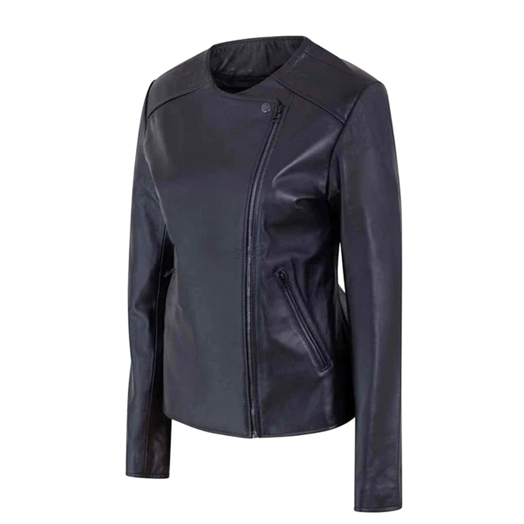 Women's Lapel-Collar Leather Moto Jacket