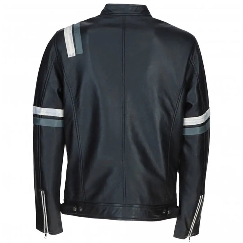 Men's Striped Leather Racer Jacket | Black & Blue