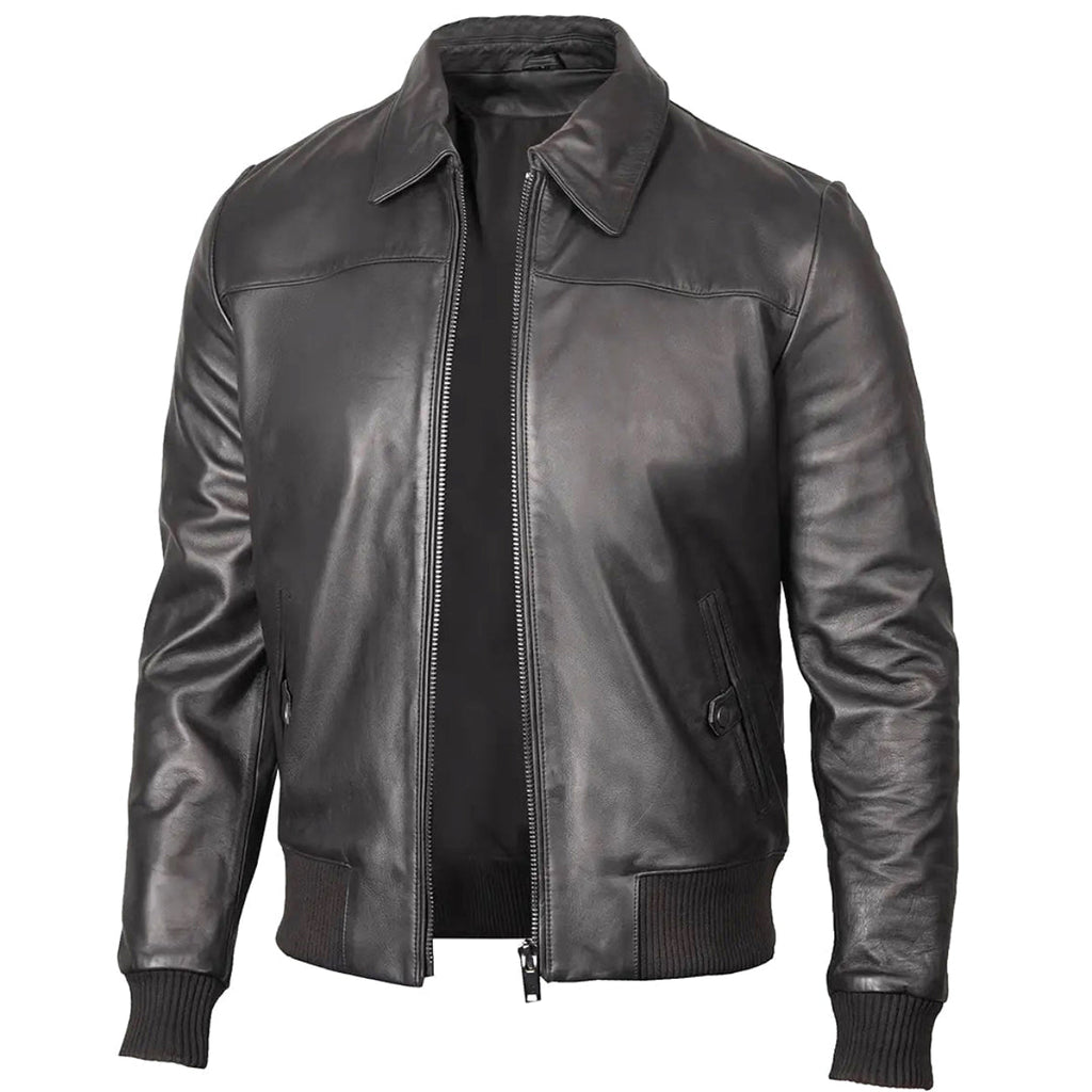 Men's Ribbed-Trim Black Leather Bomber