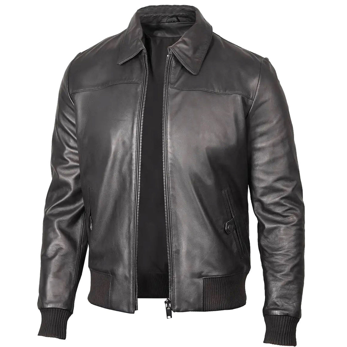 Men's Ribbed-Trim Black Leather Bomber