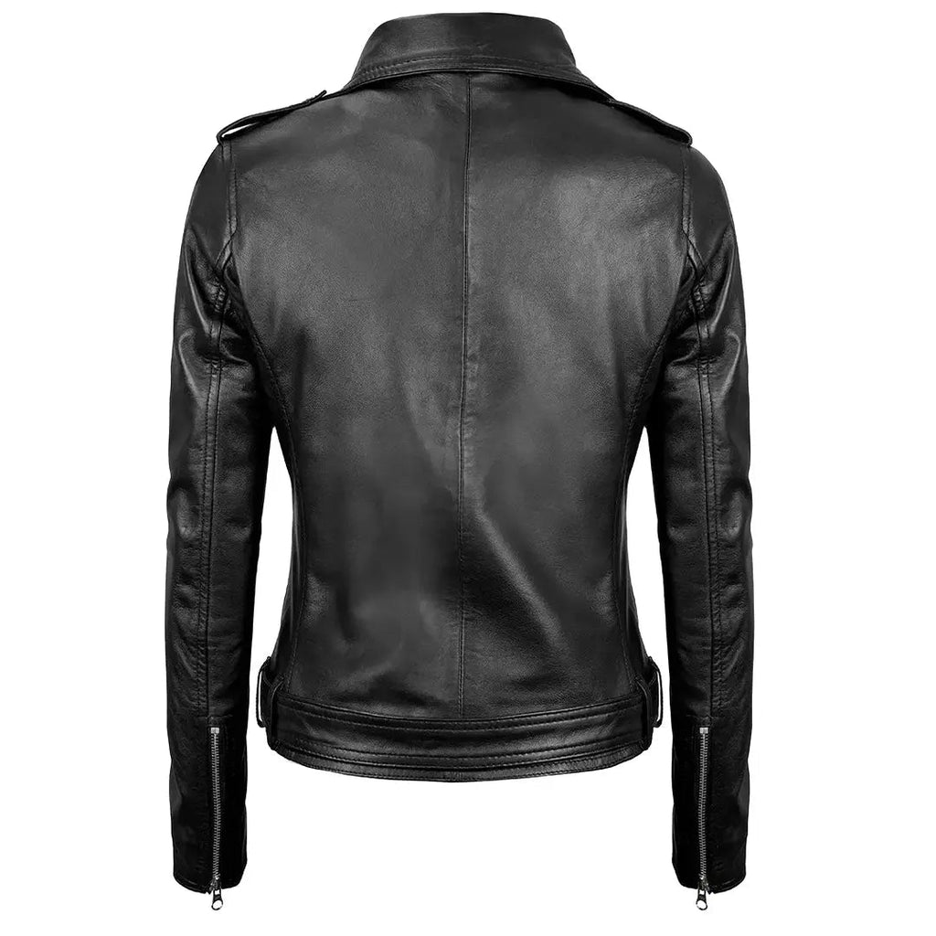 Women's Black Leather Belted Moto Jacket