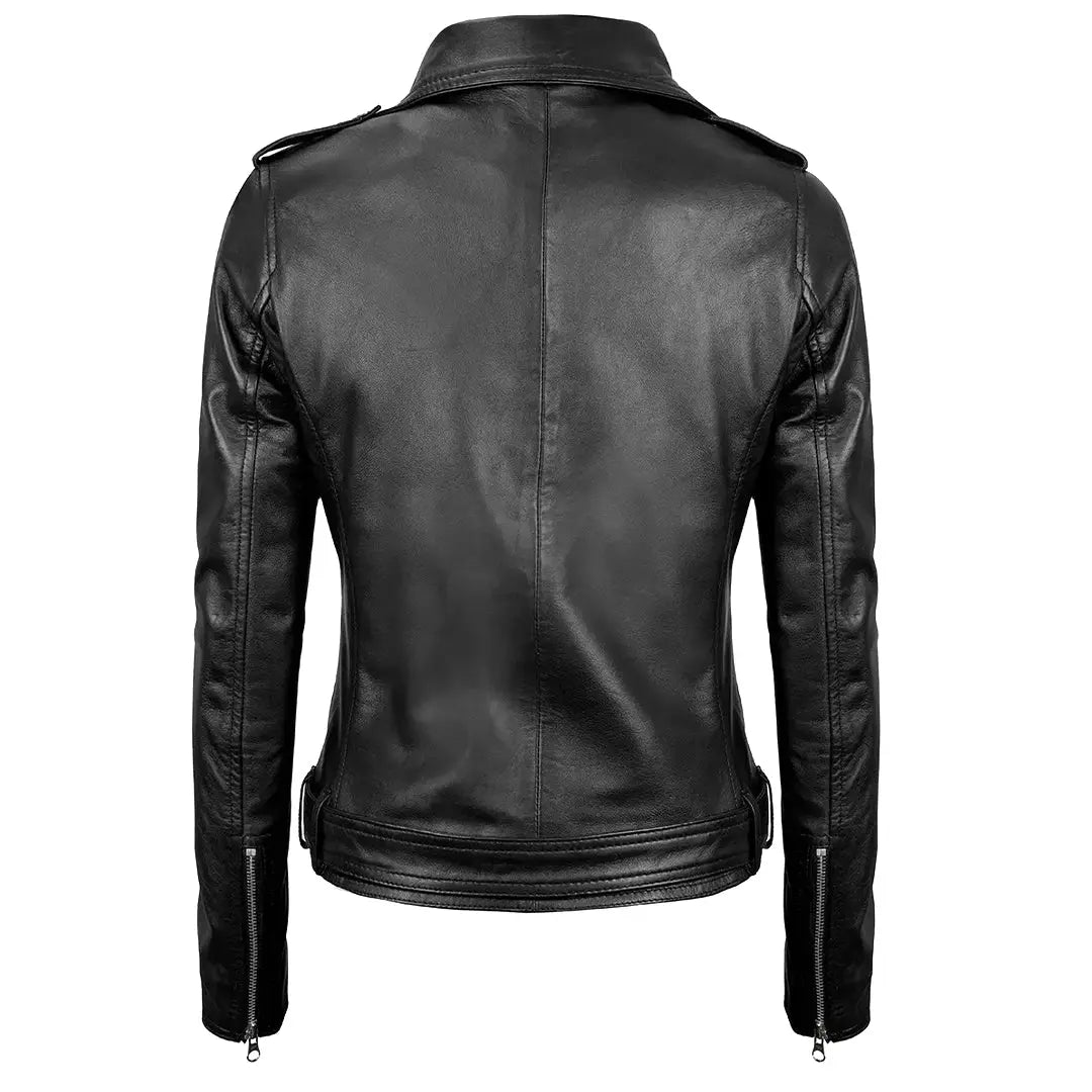 Women's Black Leather Belted Moto Jacket