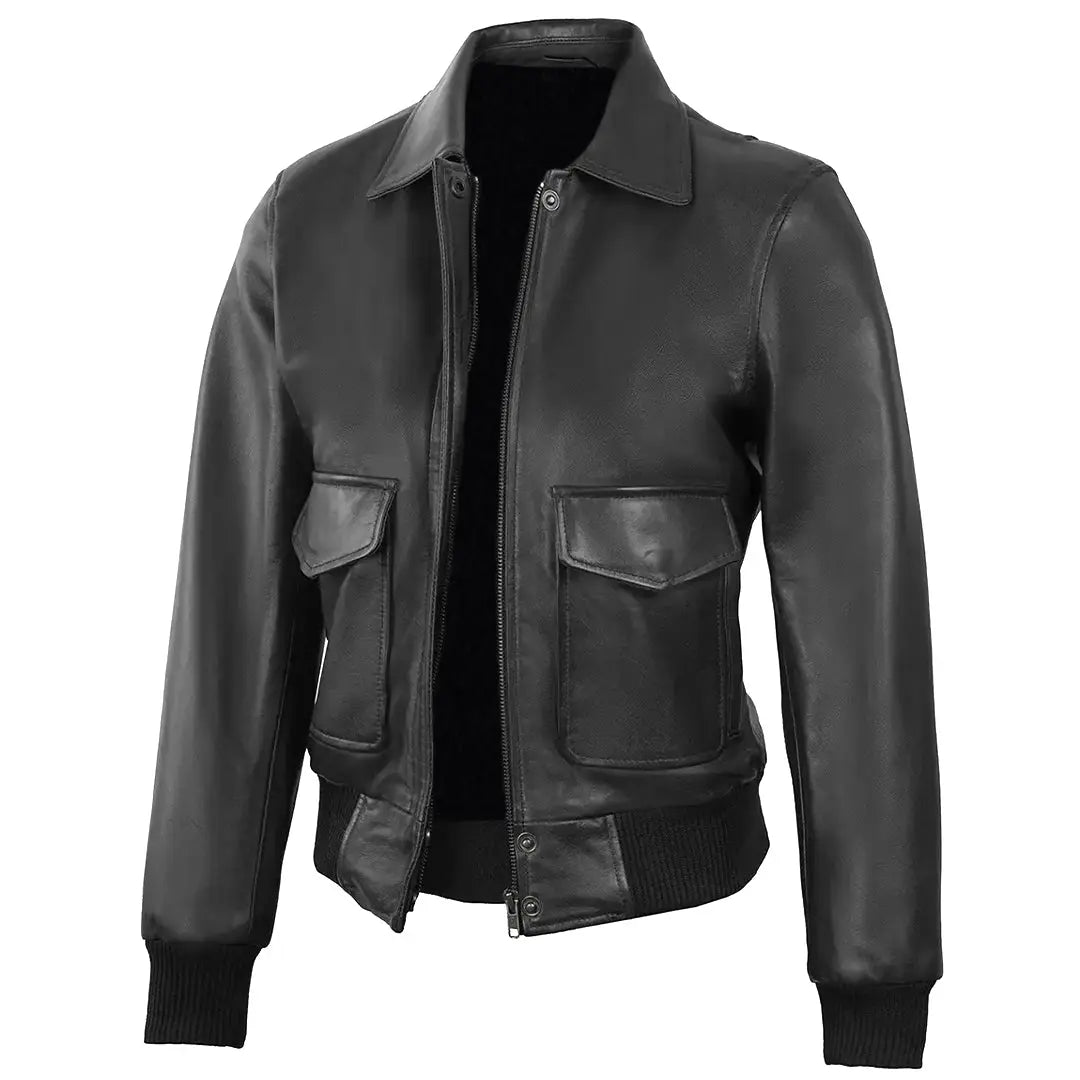 Women's Black Leather Bomber Jacket