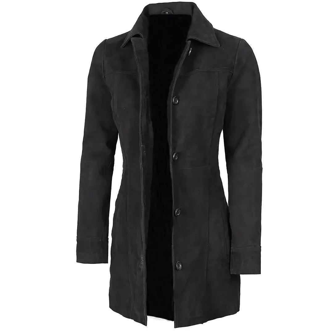 Women's Black Suede Button-Front Coat