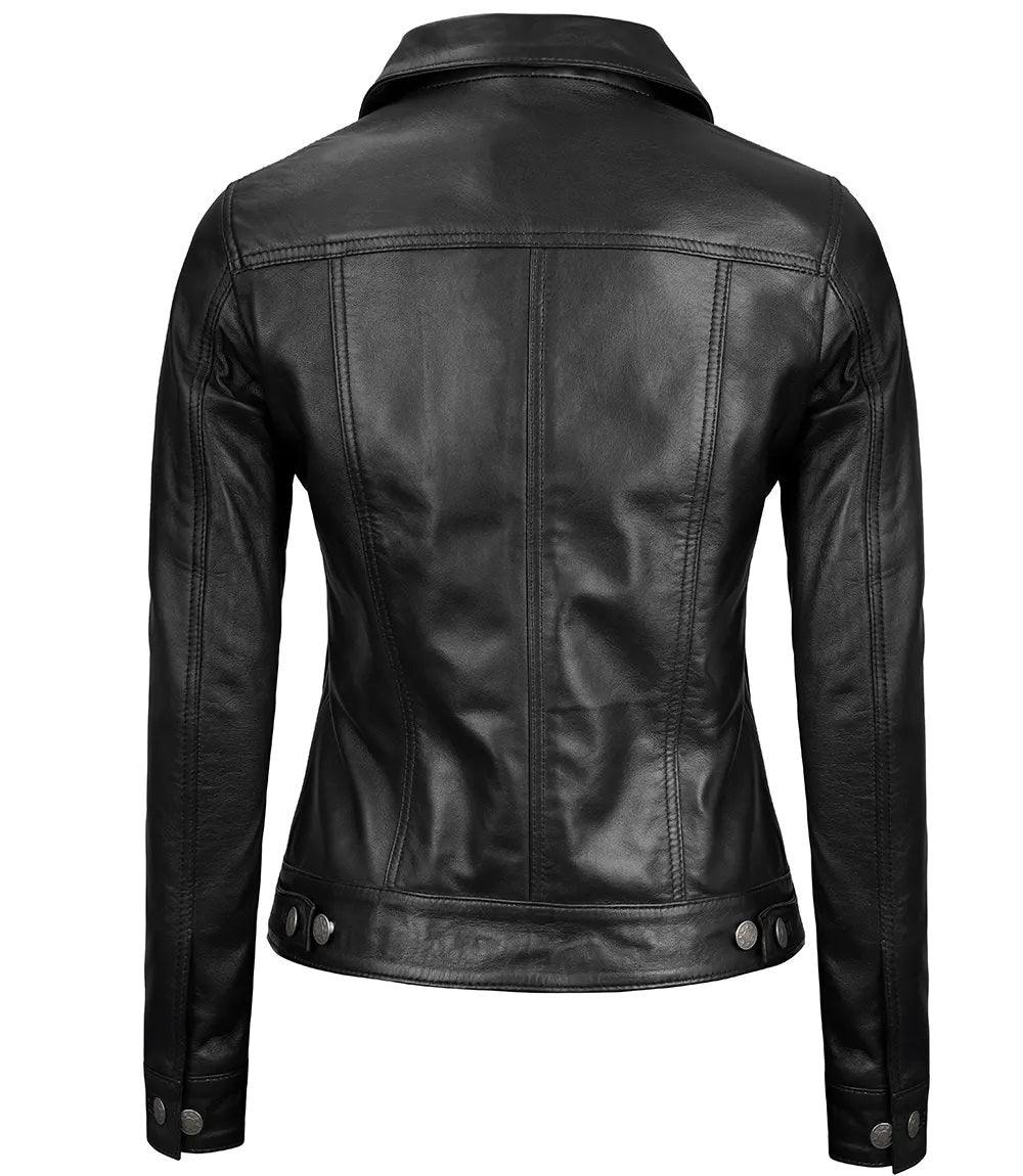 Women's Black Leather Button-Front Jacket