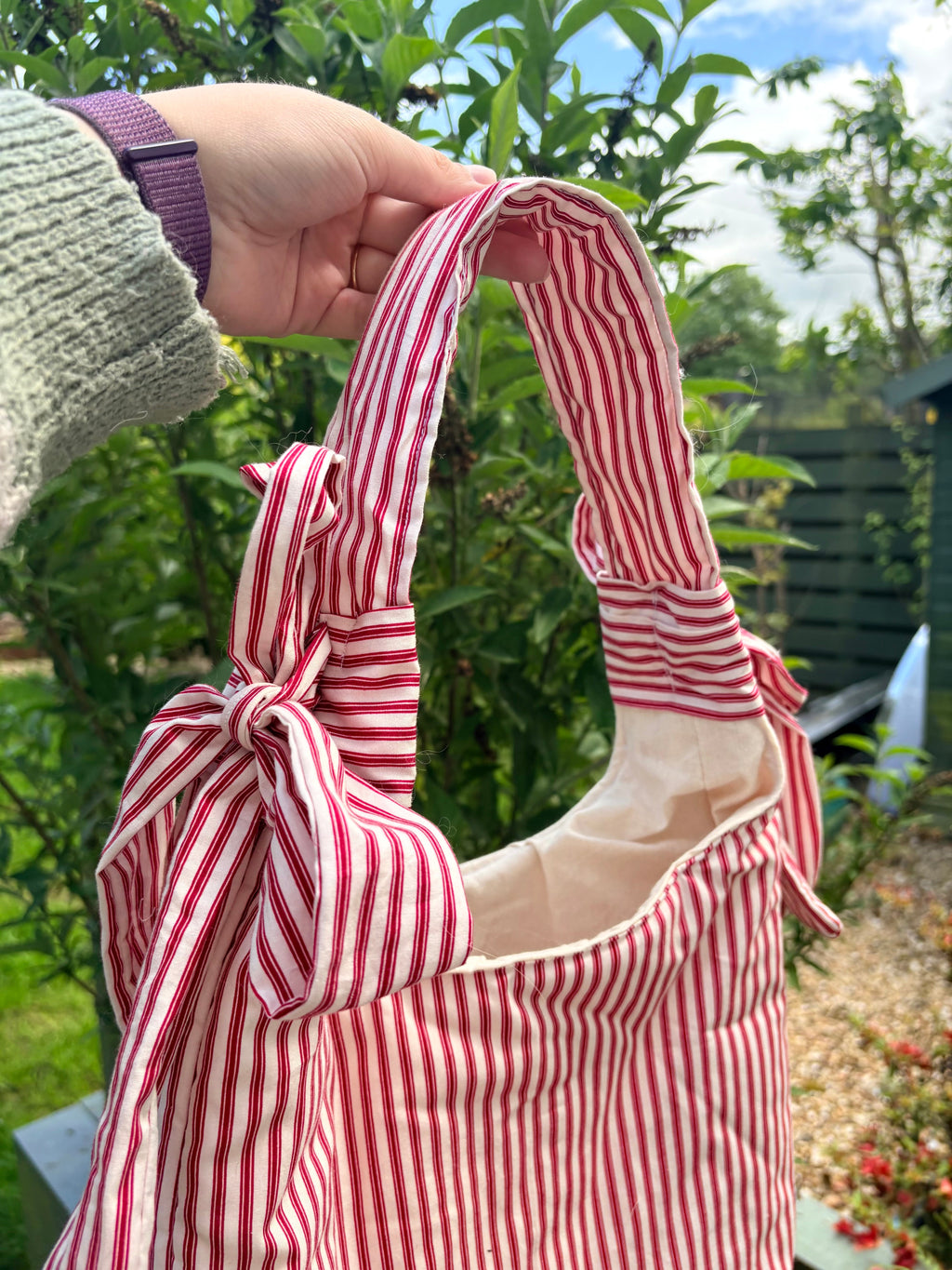 Handmade white and red stripe coquette padded tote bag with bows