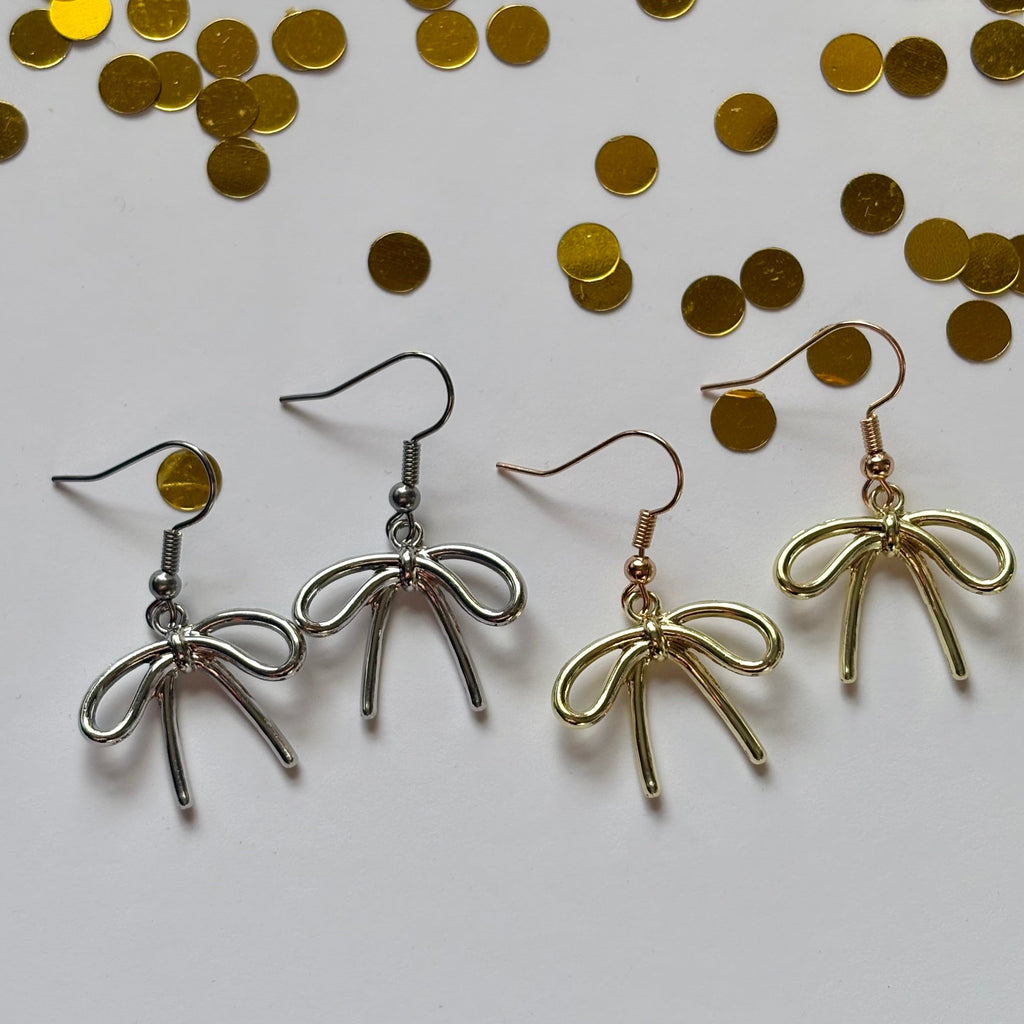 Cool gold or silver dangle bow earrings