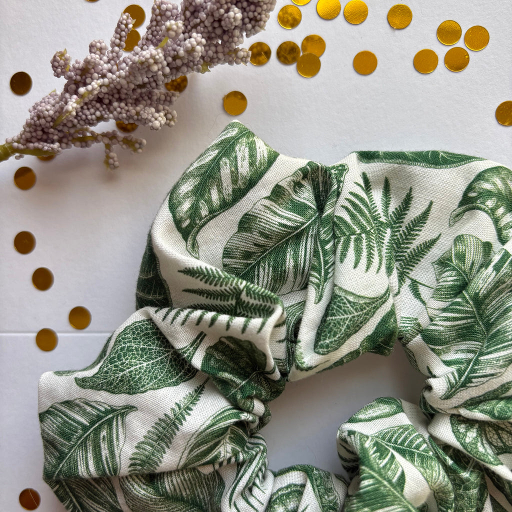 Green and white leaf scrunchie