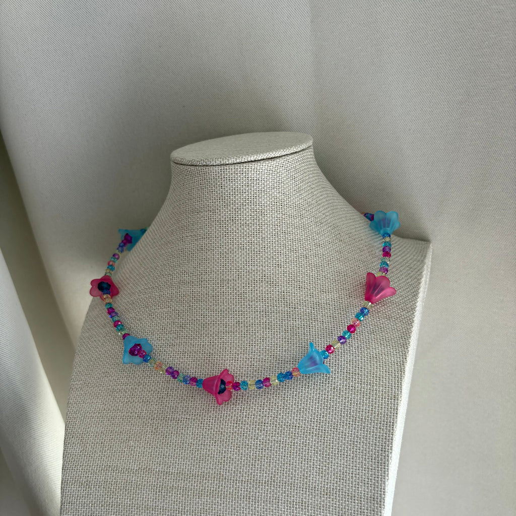Handmade beaded pink and blue flower choker necklace