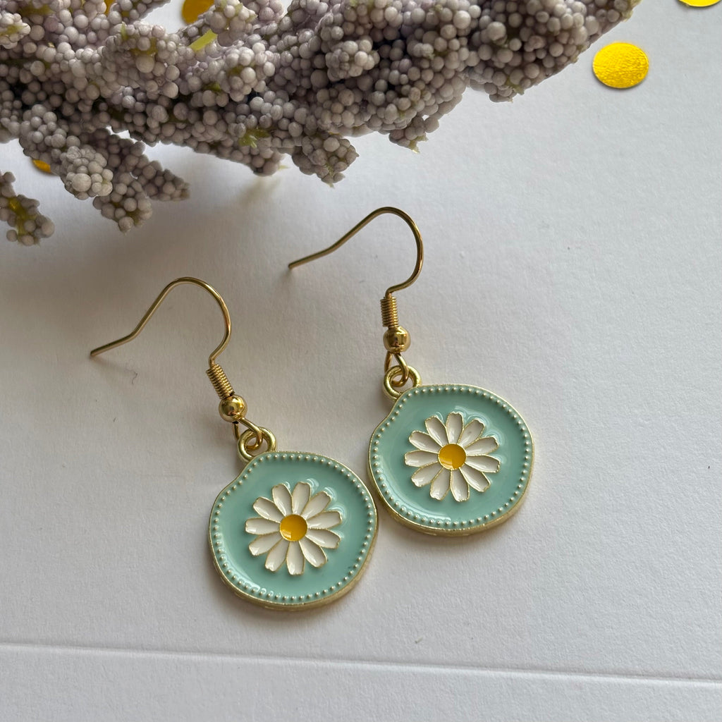Blue and white daisy gold earrings in circle on 18k gold plated hooks