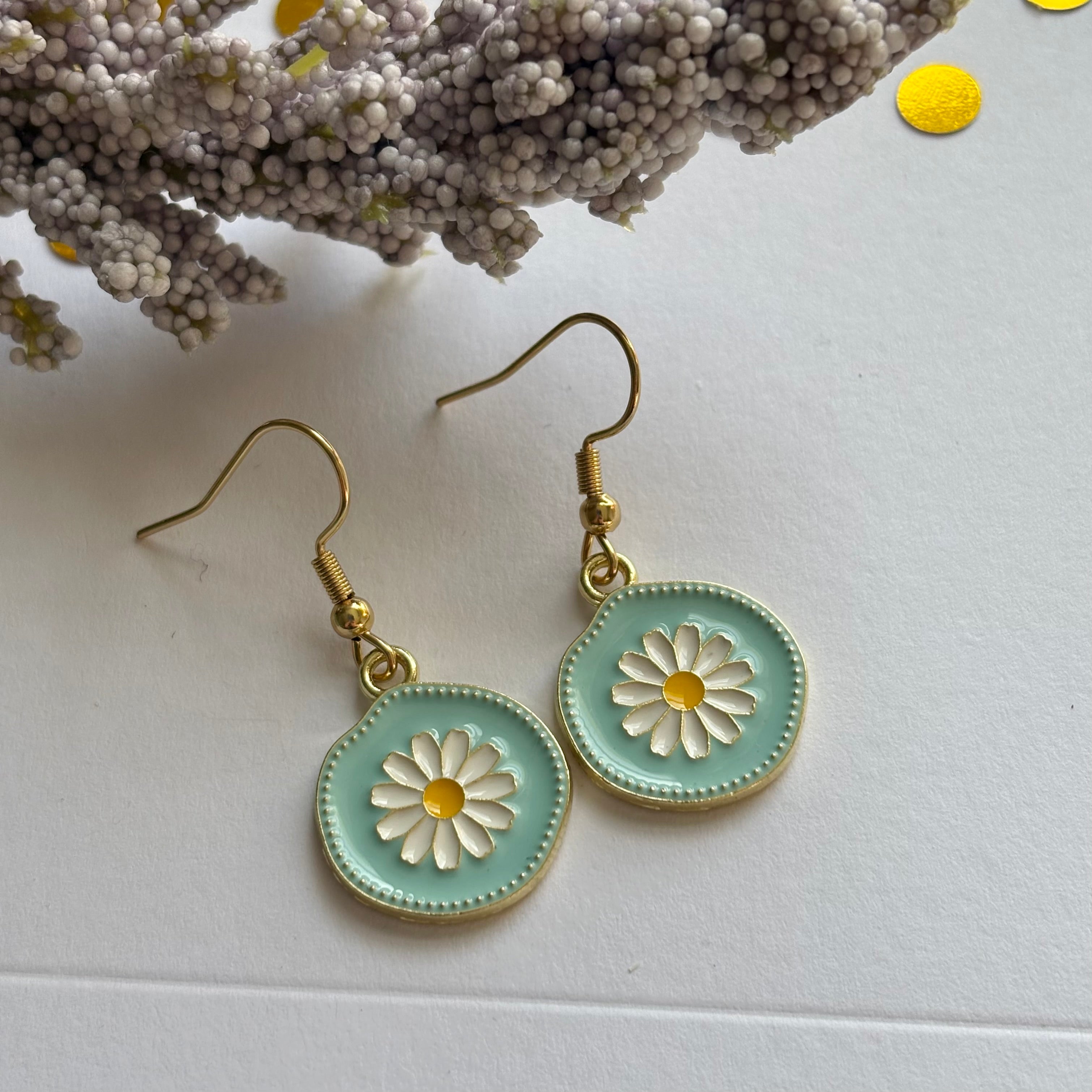 Blue and white daisy gold earrings in circle on 18k gold plated hooks