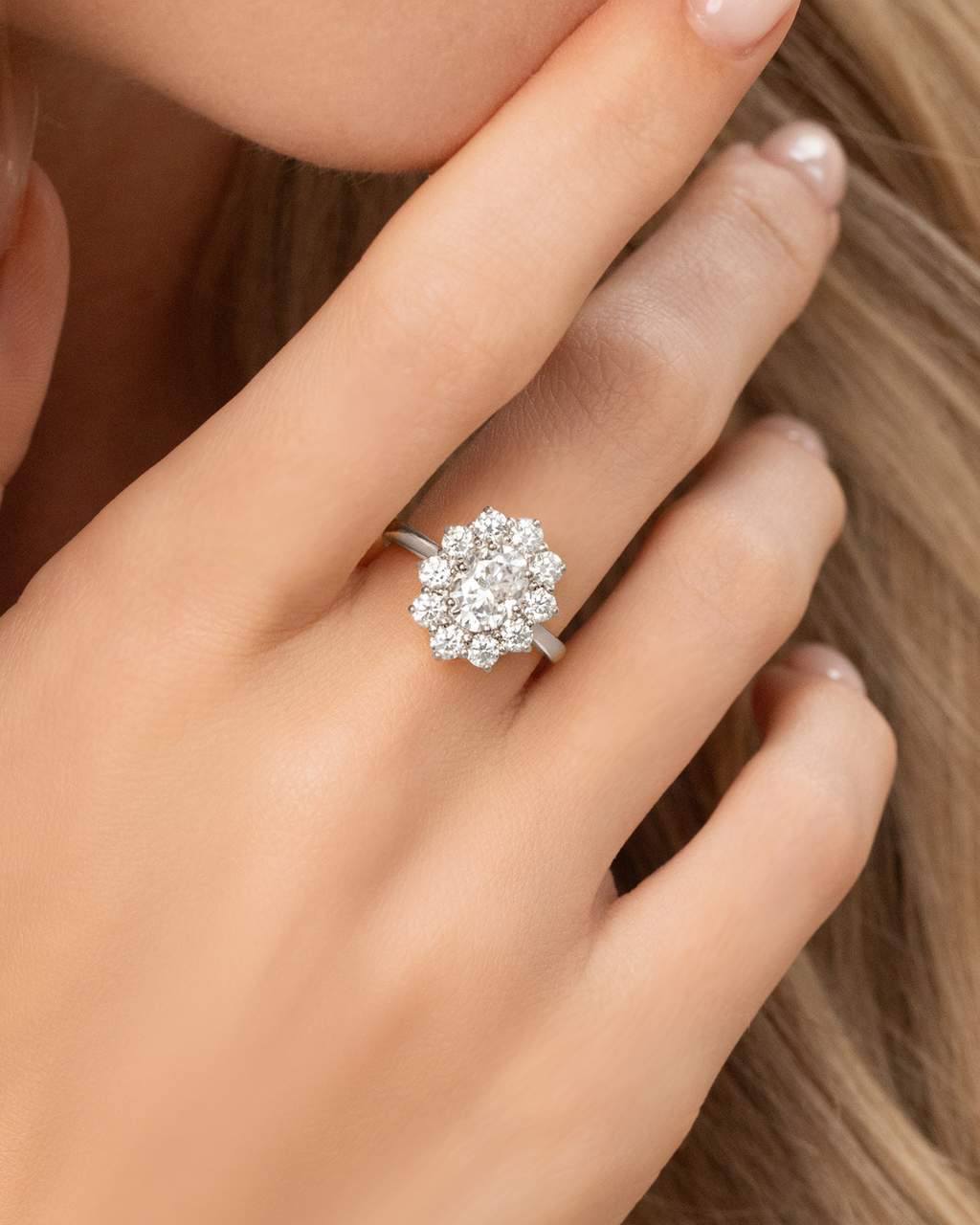 2.5 ct Oval Moissanite Halo Engagement Ring in Sterling Silver