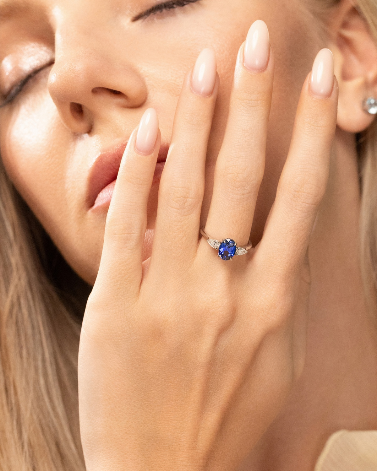 Blue Sapphire Oval Cut Three Stone Engagement Ring in Sterling Silver