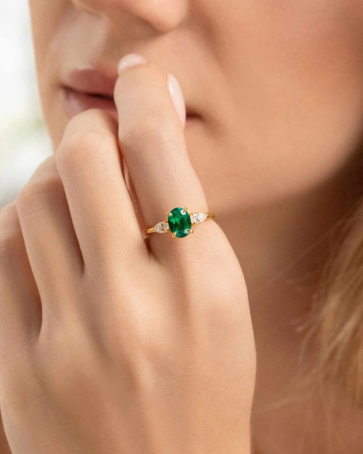 Emerald Oval Cut Three Stone Engagement Ring in 18k Gold Vermeil