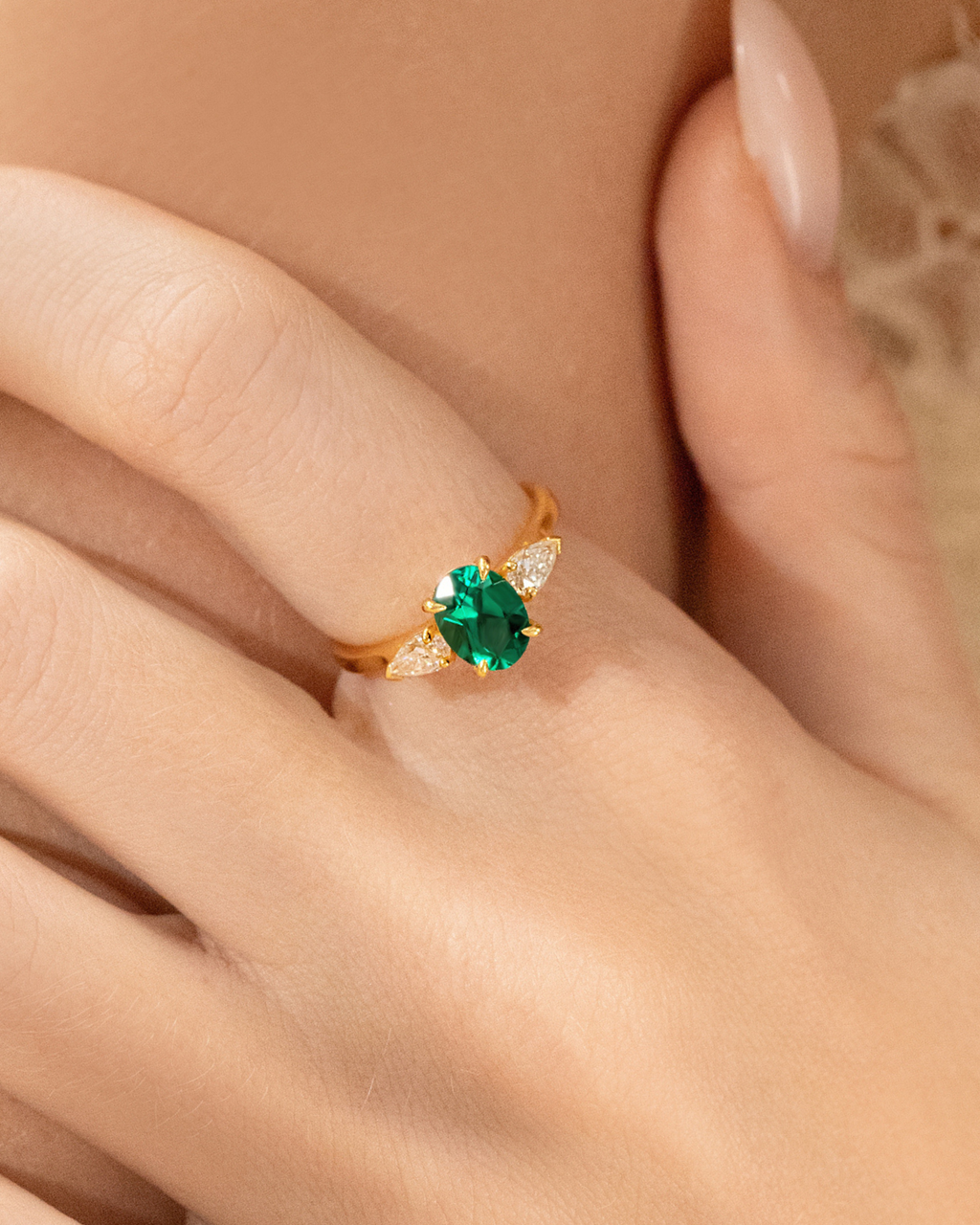 Emerald Oval Cut Three Stone Engagement Ring in 18k Gold Vermeil