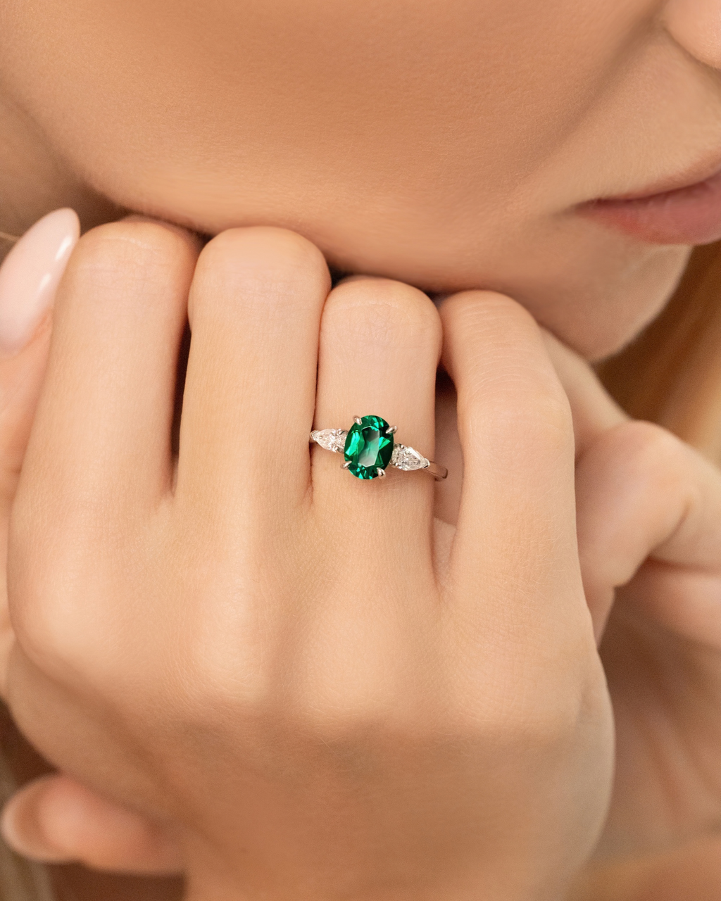 Emerald Oval Cut Three Stone Engagement Ring in Sterling Silver