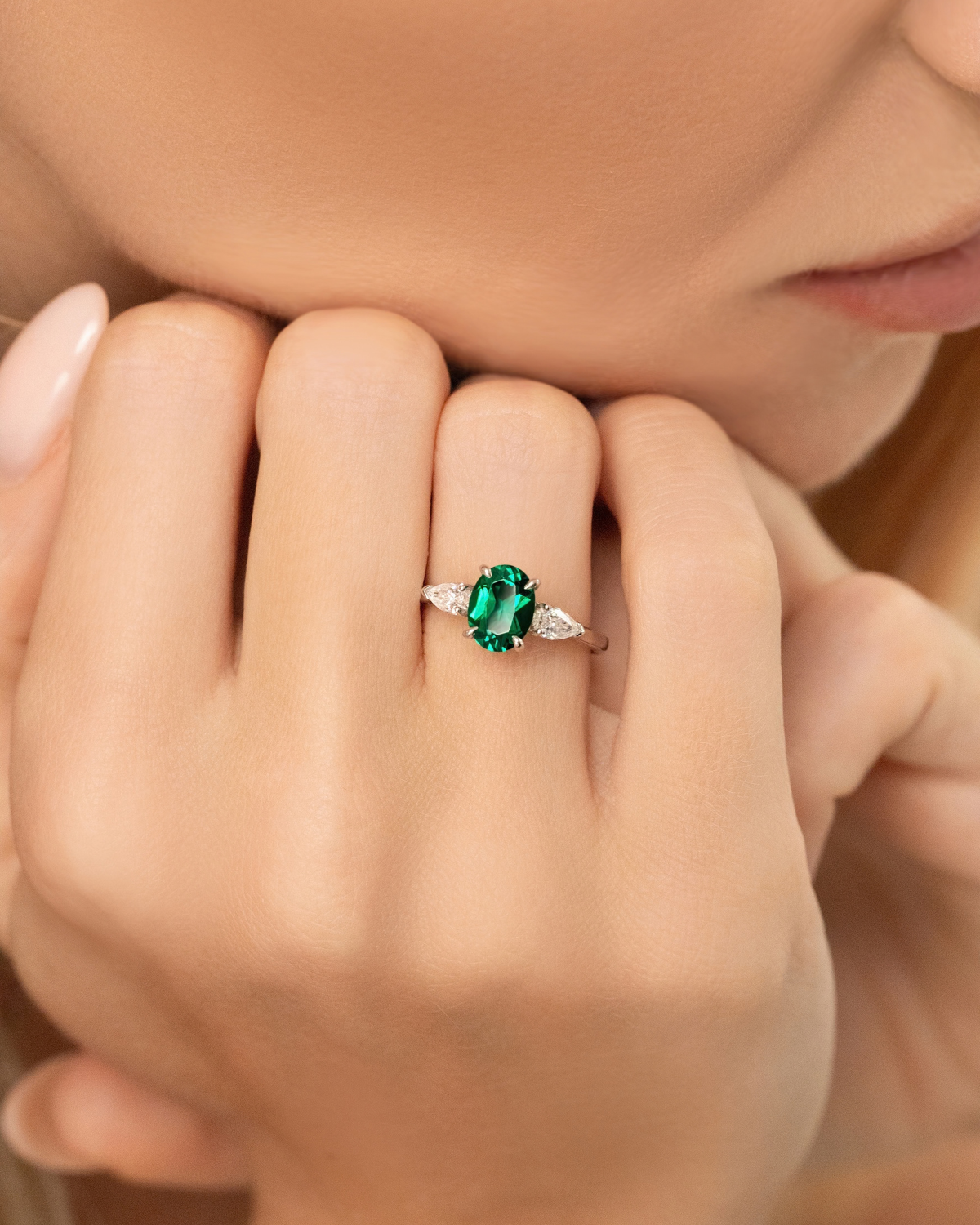 Emerald Oval Cut Three Stone Engagement Ring in Sterling Silver