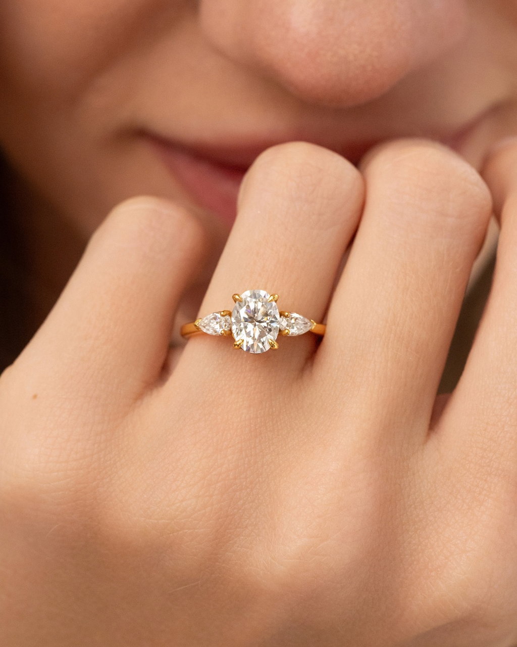 2 ct Oval Moissanite Three Stone Engagement Ring in 18k Gold Vermeil