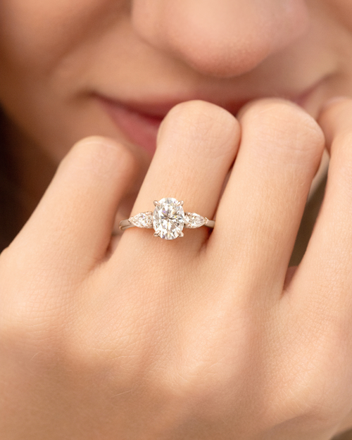 2 ct Oval Moissanite Three Stone Engagement Ring in Sterling Silver
