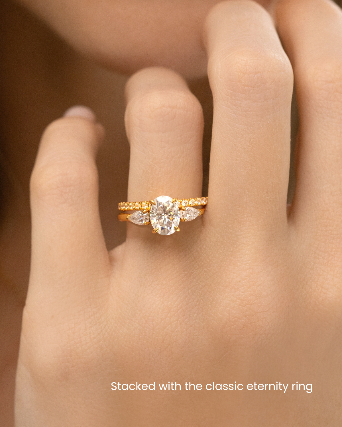 2 ct Oval Moissanite Three Stone Engagement Ring in 18k Gold Vermeil