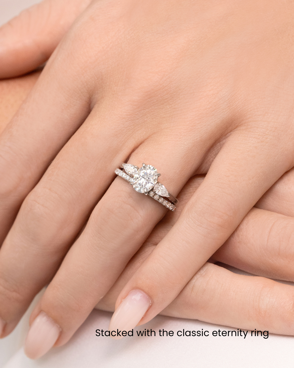 2 ct Oval Moissanite Three Stone Engagement Ring in Sterling Silver