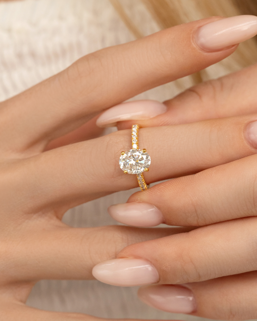 2 ct Oval Solitaire Moissanite Engagement Ring with Pavé Band in 18k Gold Vermeil