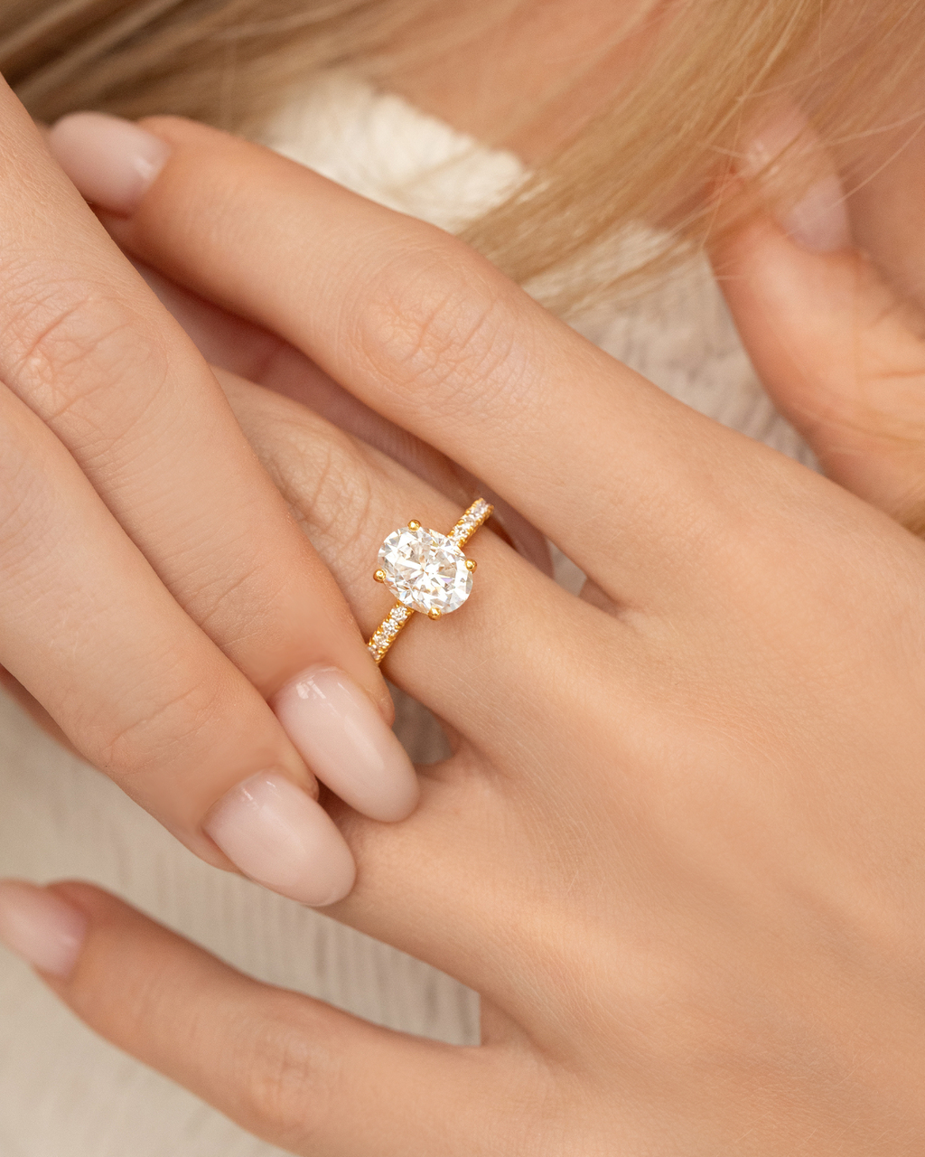 2 ct Oval Solitaire Moissanite Engagement Ring with Pavé Band in 18k Gold Vermeil