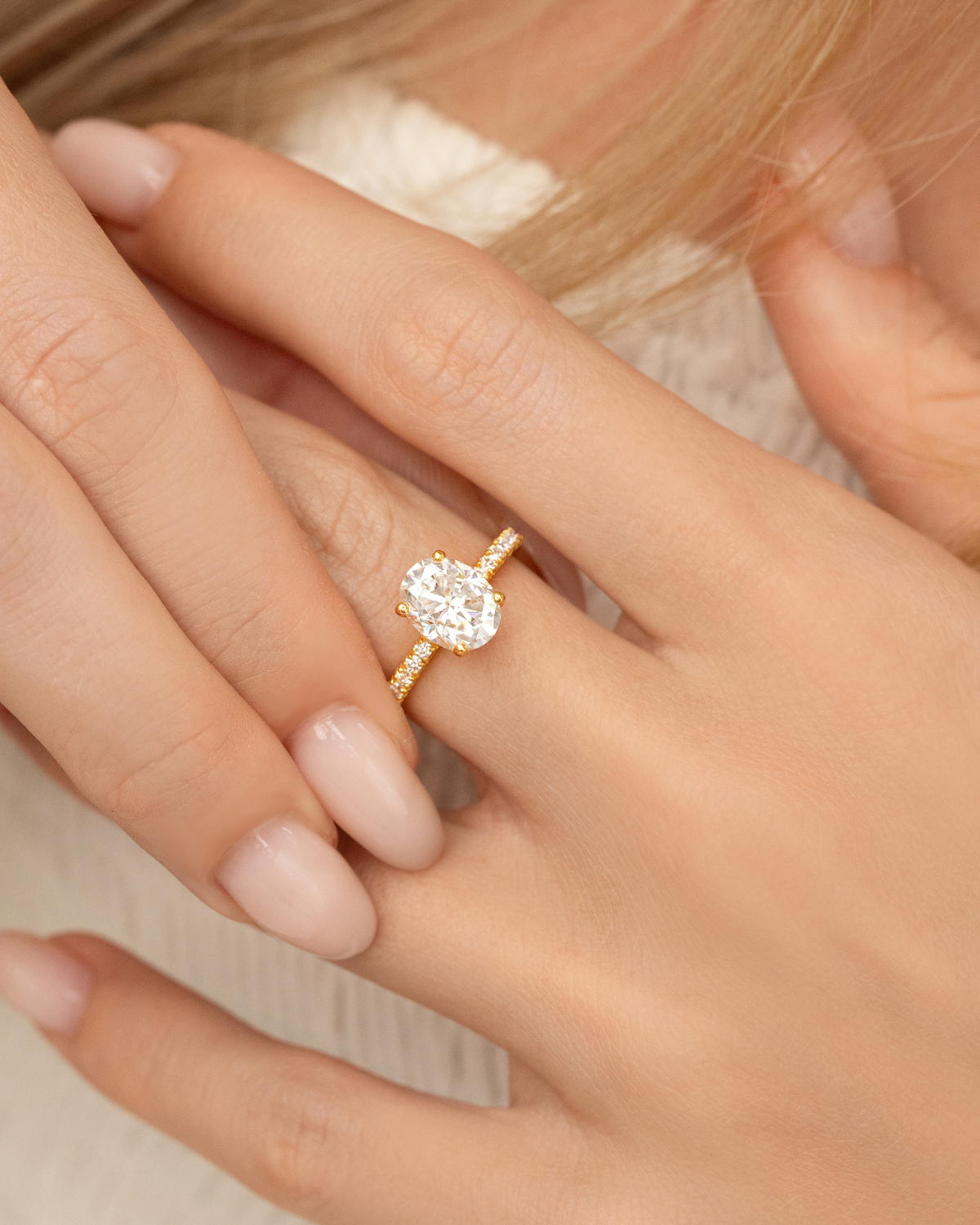 2 ct Oval Solitaire Moissanite Engagement Ring with Pavé Band in 18k Gold Vermeil