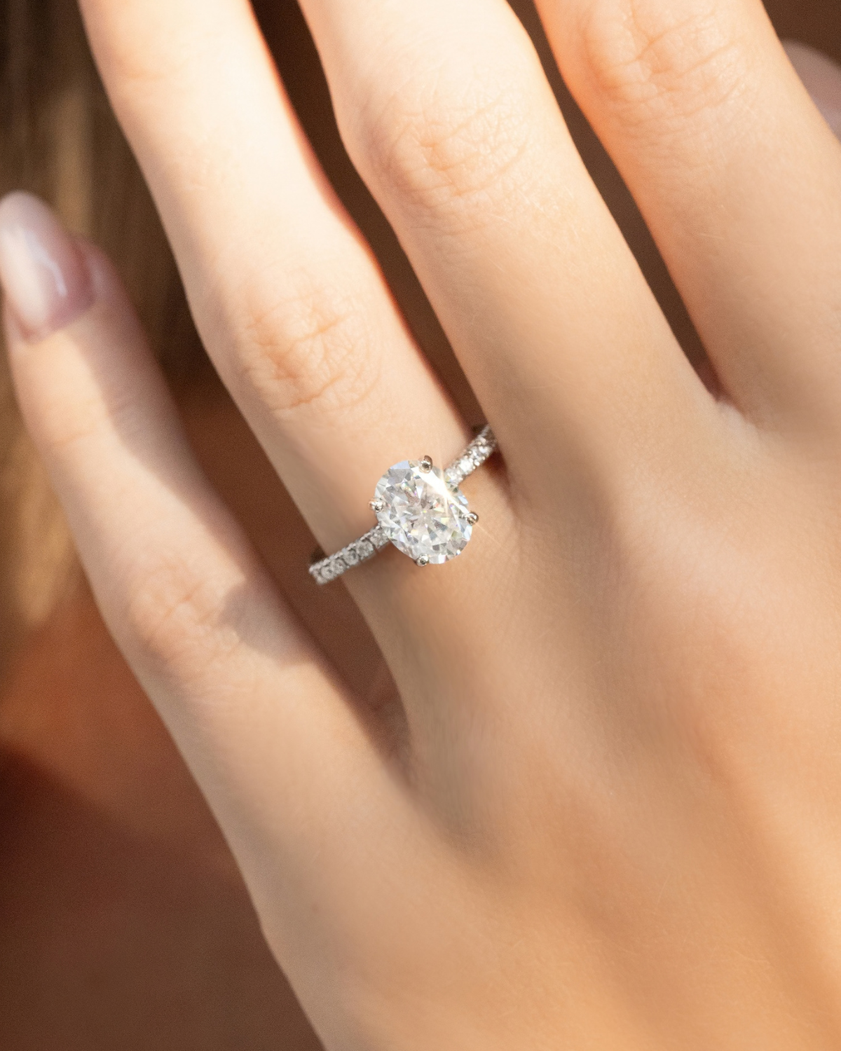 2 ct Oval Solitaire Moissanite Engagement Ring with Pavé Band in Sterling Silver