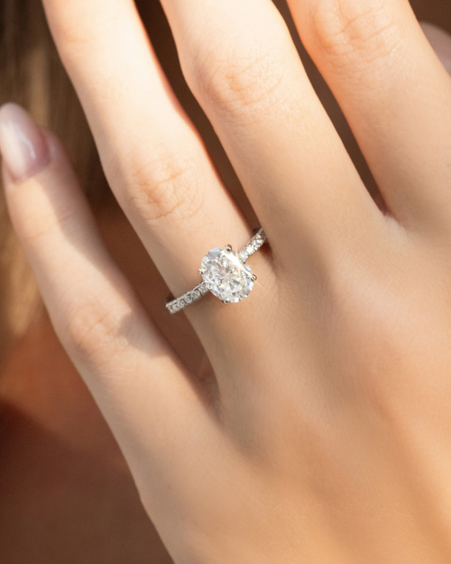 2 ct Oval Solitaire Moissanite Engagement Ring with Pavé Band in Sterling Silver