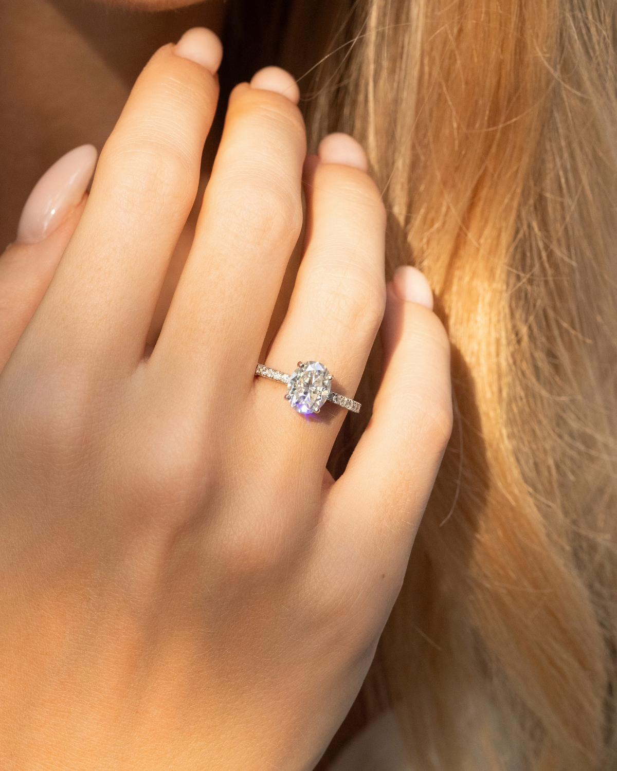 2 ct Oval Solitaire Moissanite Engagement Ring with Pavé Band in Sterling Silver