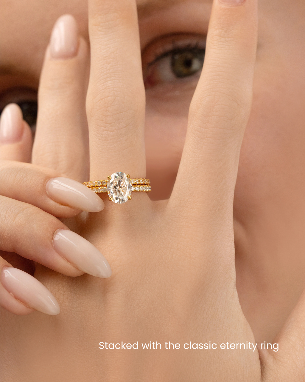 2 ct Oval Solitaire Moissanite Engagement Ring with Pavé Band in 18k Gold Vermeil