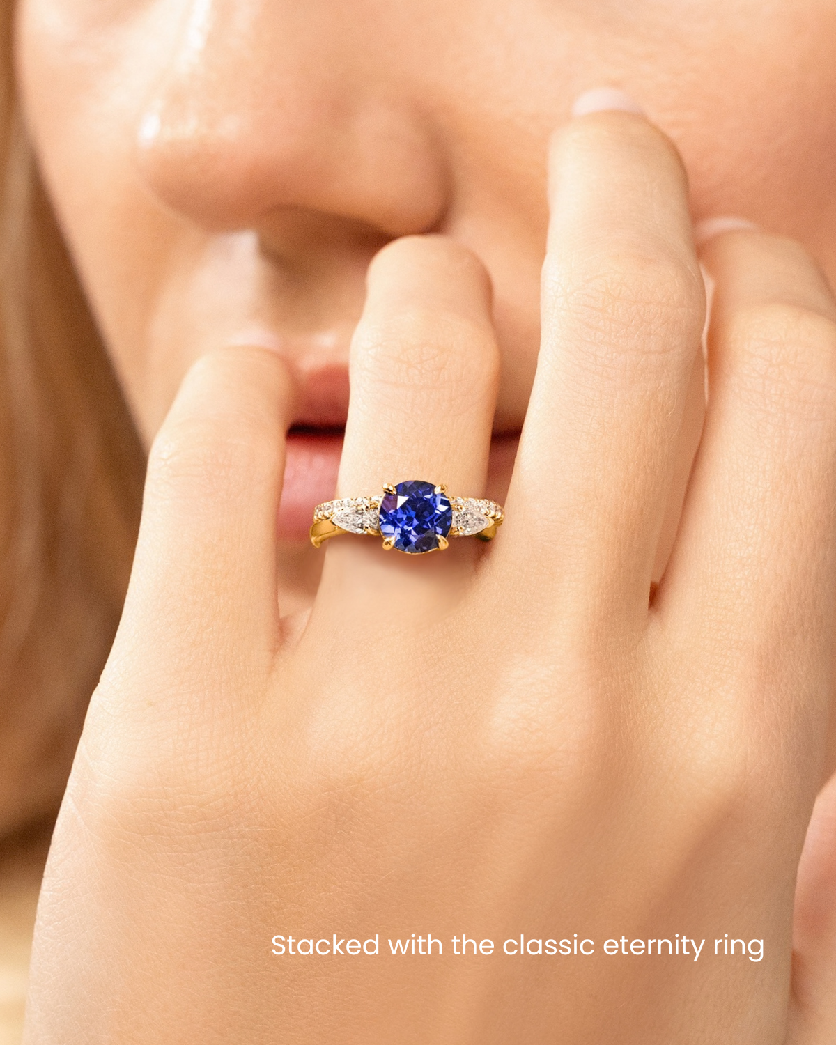Blue Sapphire Round Cut Three Stone Engagement Ring in 18k Gold Vermeil