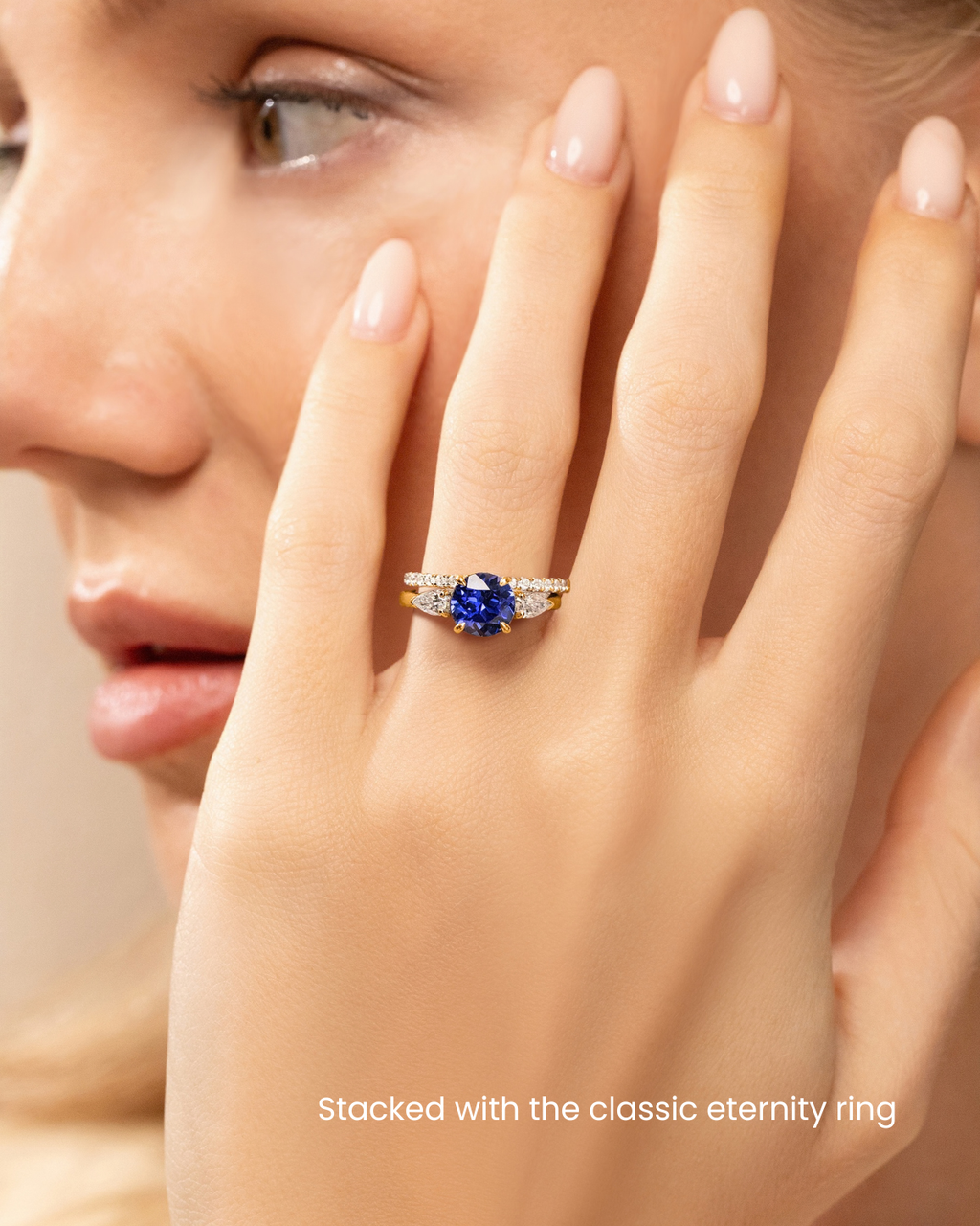 Blue Sapphire Round Cut Three Stone Engagement Ring in 18k Gold Vermeil