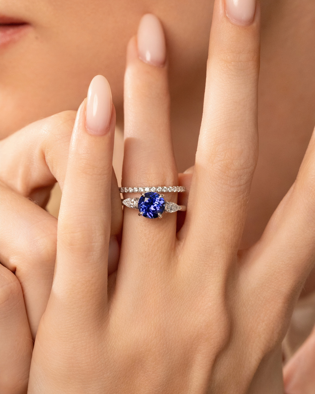 Blue Sapphire Round Cut Three Stone Engagement Ring in Sterling Silver
