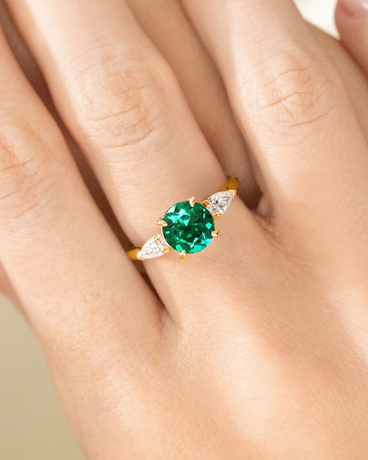 Emerald Round Cut Three Stone Engagement Ring in 18k Gold Vermeil
