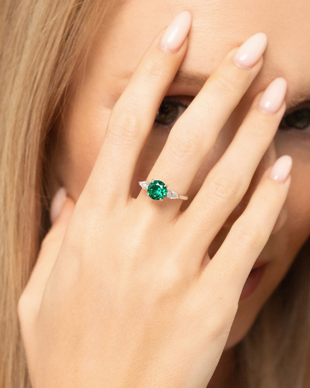 Emerald Round Cut Three Stone Engagement Ring in Sterling Silver