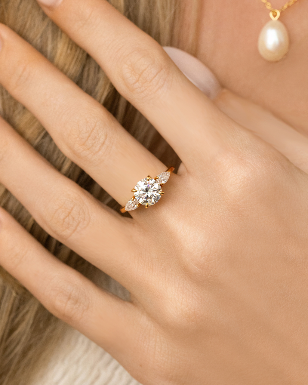2 ct Round Moissanite Three Stone Engagement Ring in 18k Gold Vermeil
