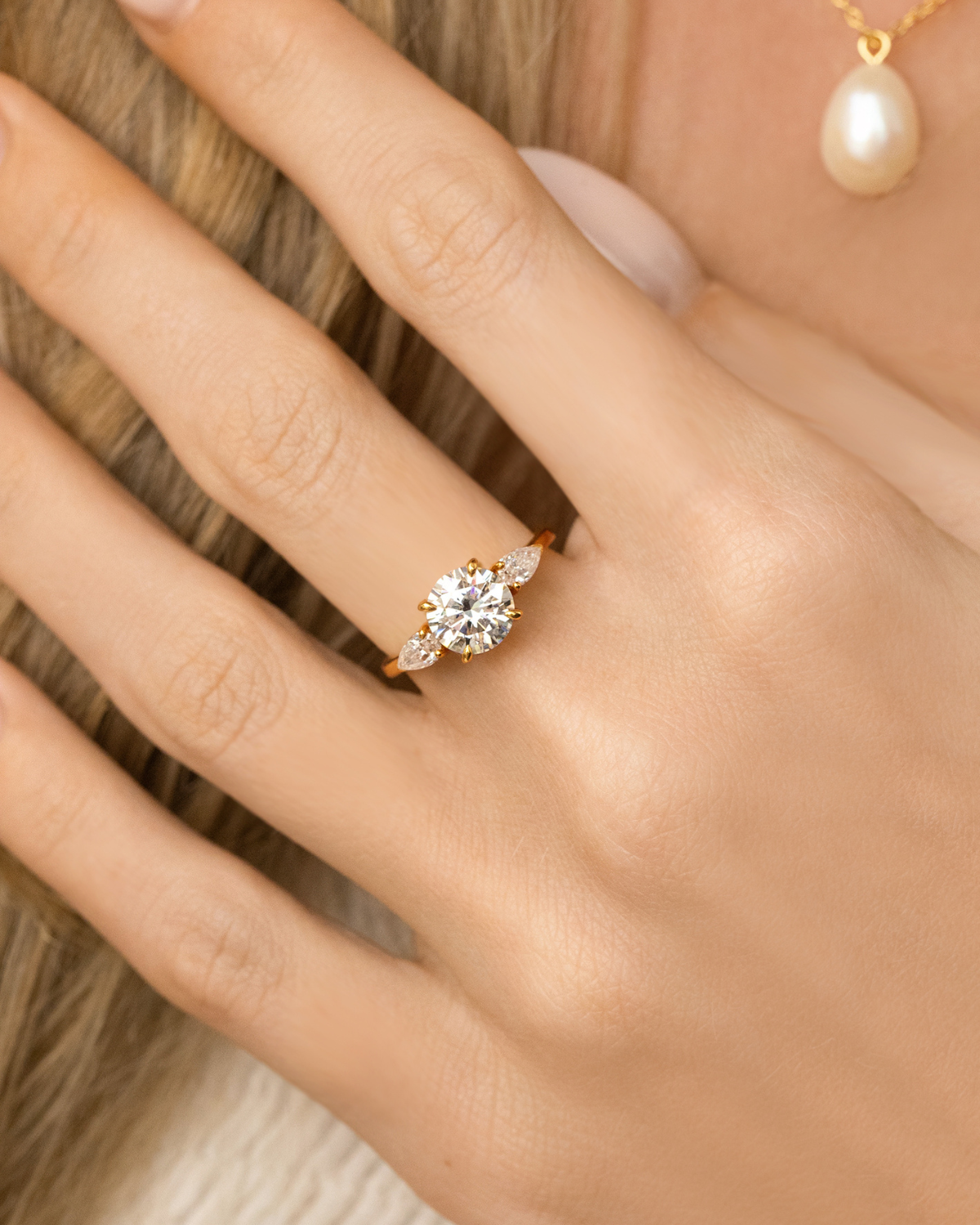 2 ct Round Moissanite Three Stone Engagement Ring in 18k Gold Vermeil