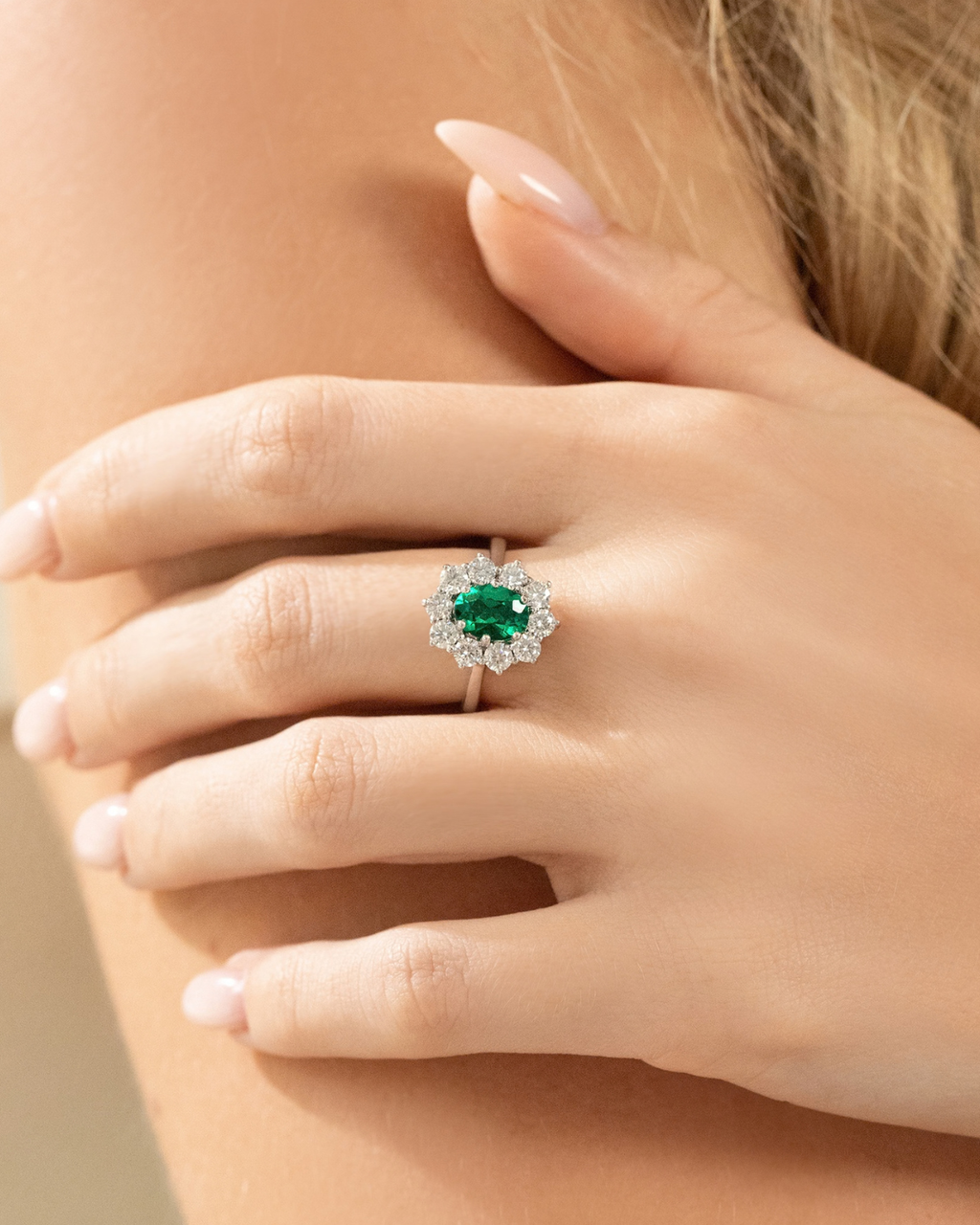 Emerald Halo Engagement Ring in Sterling Silver